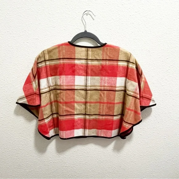 Janie & Jack Girls Tartan Pink Brown Tan Plaid Button Front Cape - Picture 6 of 8